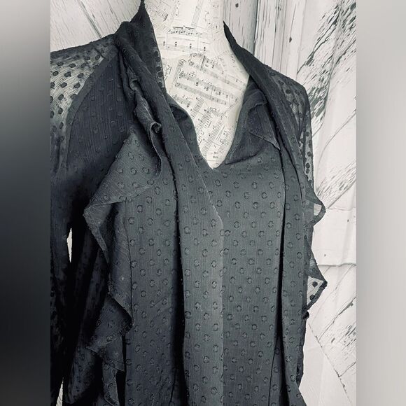 Bebe Black Dotted Swiss Dress Neck Tie Ruffles Large - Picture 3 of 10